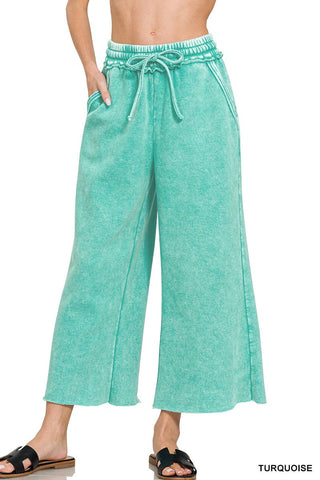 Turquoise Acid Wash Fleece Wide Leg  Sweatpants