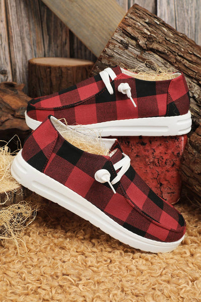 Red Plaid slip on tennis flat Shoes