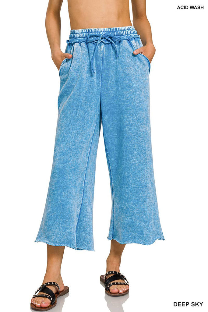 Deep Sky Blue Acid Wash Fleece Wide Leg  Sweatpants