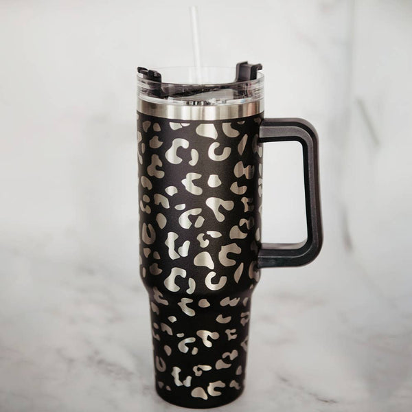 Black METALLIC Leopard Tumbler Cup with Handle