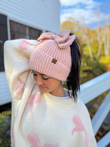 Sequin Bow Messy Bun C.C Beanie