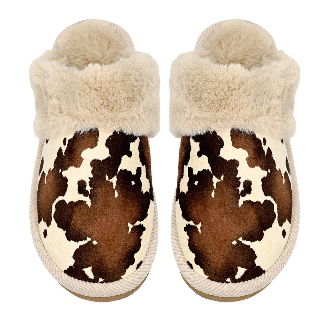 Beige Cow Print Faux Fur C.C Slippers