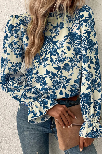 Blue Floral Flounce Sleeve Blouse Top