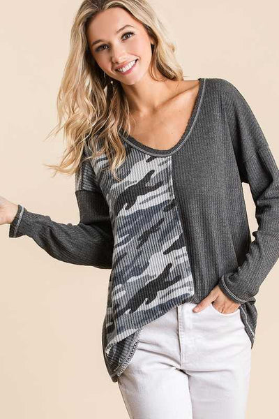 Charcoal Thermal Waffle Camo Print Top