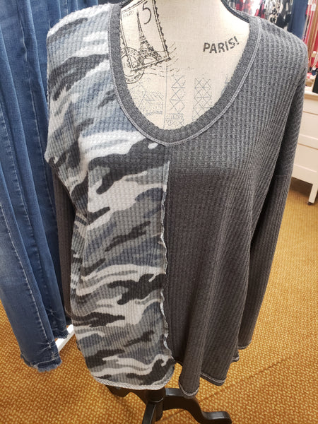 Charcoal Thermal Waffle Camo Print Top