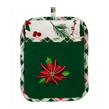 Poinsettia Christmas Plaid Tea Towel and Pot Holder