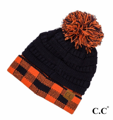 Navy orange plaid CC beanie with pom