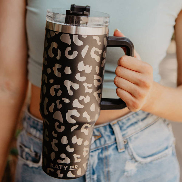 Black METALLIC Leopard Tumbler Cup with Handle