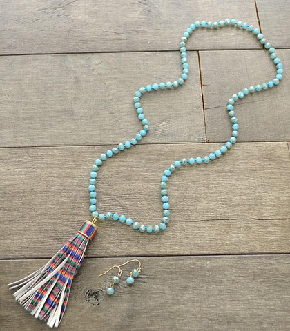 Blue Bead Serape Tassel Necklace set