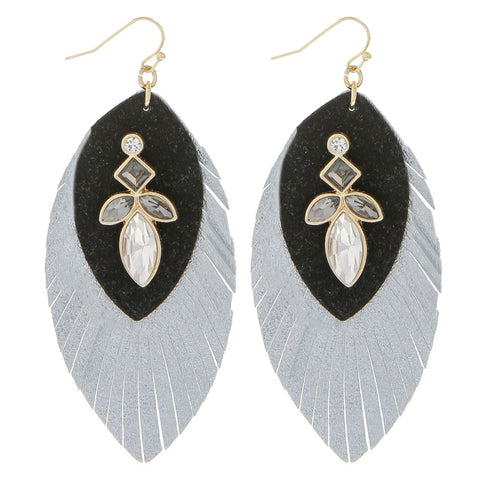 Black gray rhinestone feather earring