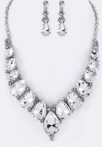 Sliver Teardrop Crystals statement necklace set