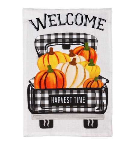 Pumpkin Plaid Truck Garden Burlap Flag