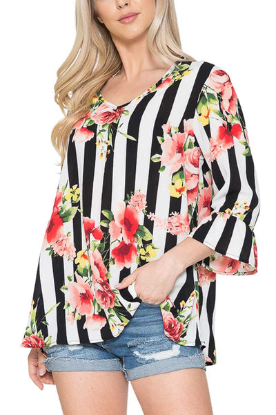 Black stripe floral print top