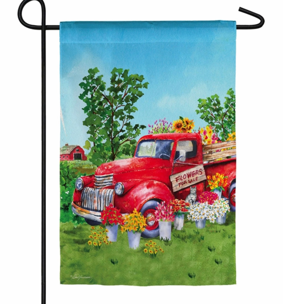 Red Flower Truck Garden Suede Flag